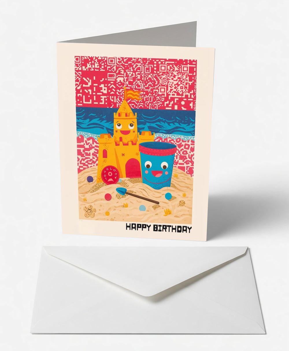 Scanimate | Birthday Card | Sunny Sandcastle Design | Interactive QR Song | With Envelope | Happy Birthday Greeting Card | Her/Him