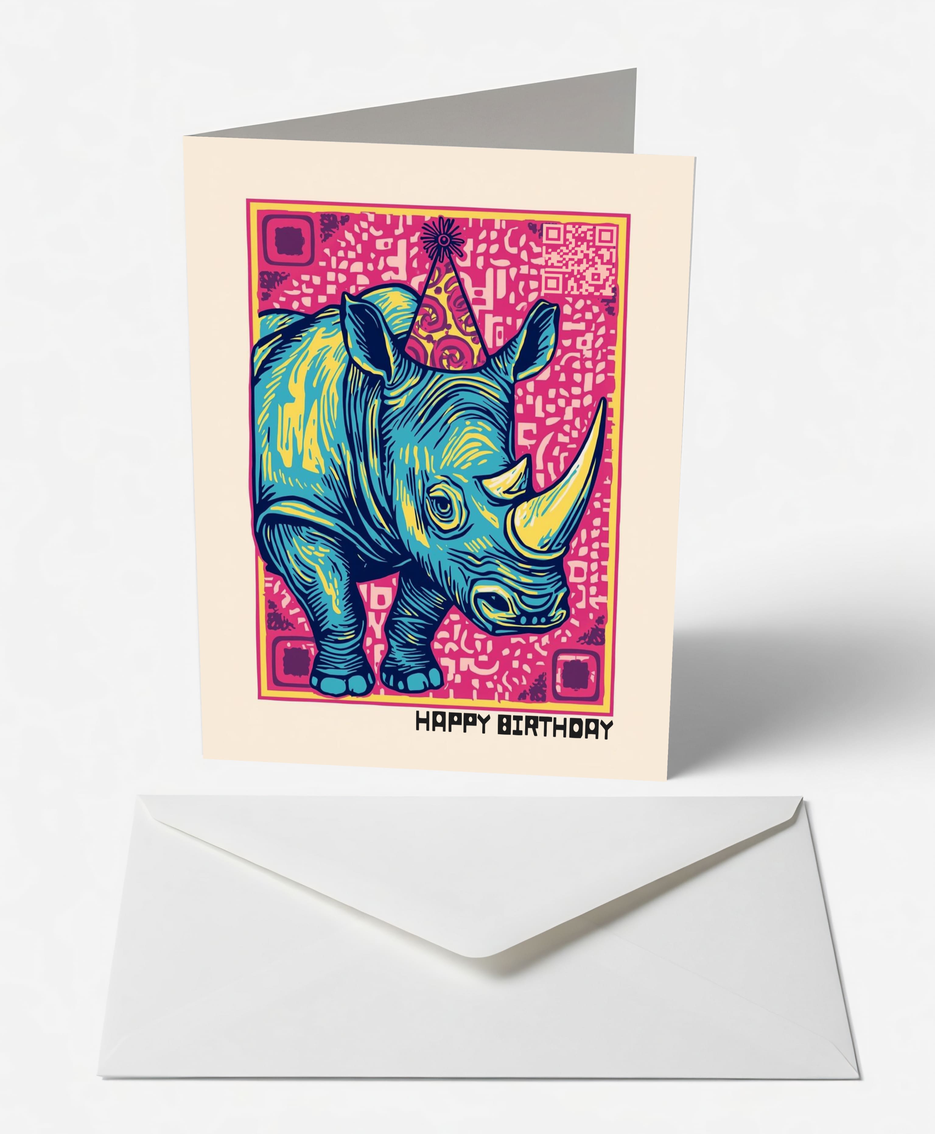 Scanimate | Birthday Card | Party Rhino Design | Interactive QR Song | With Envelope | Happy Birthday Greeting Card | Her/Him