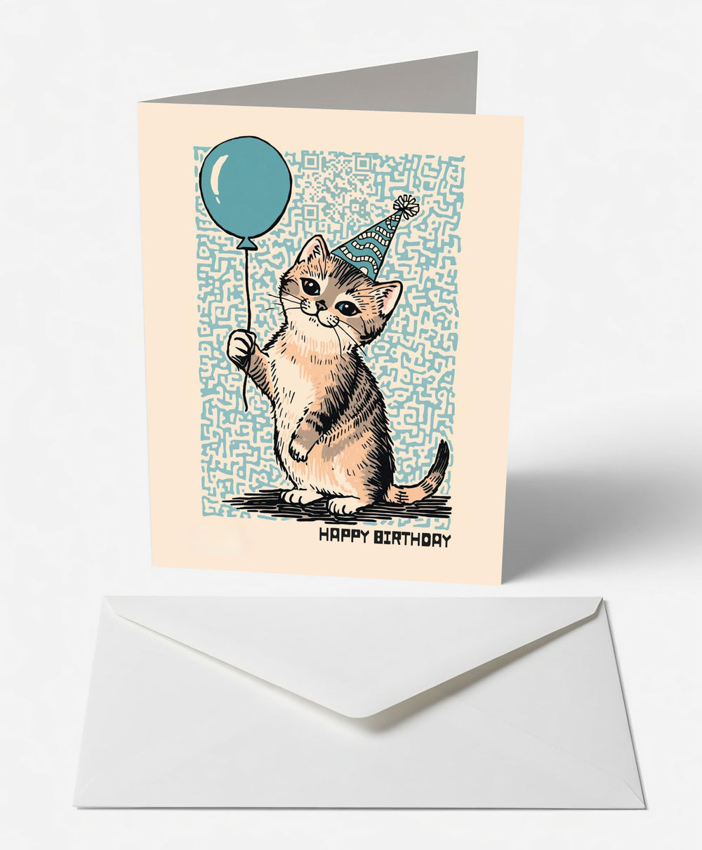 Scanimate | Birthday Card | Playful Kitten & Balloon Design | Interactive QR Song | With Envelope | Happy Birthday Greeting Card | Her/Him