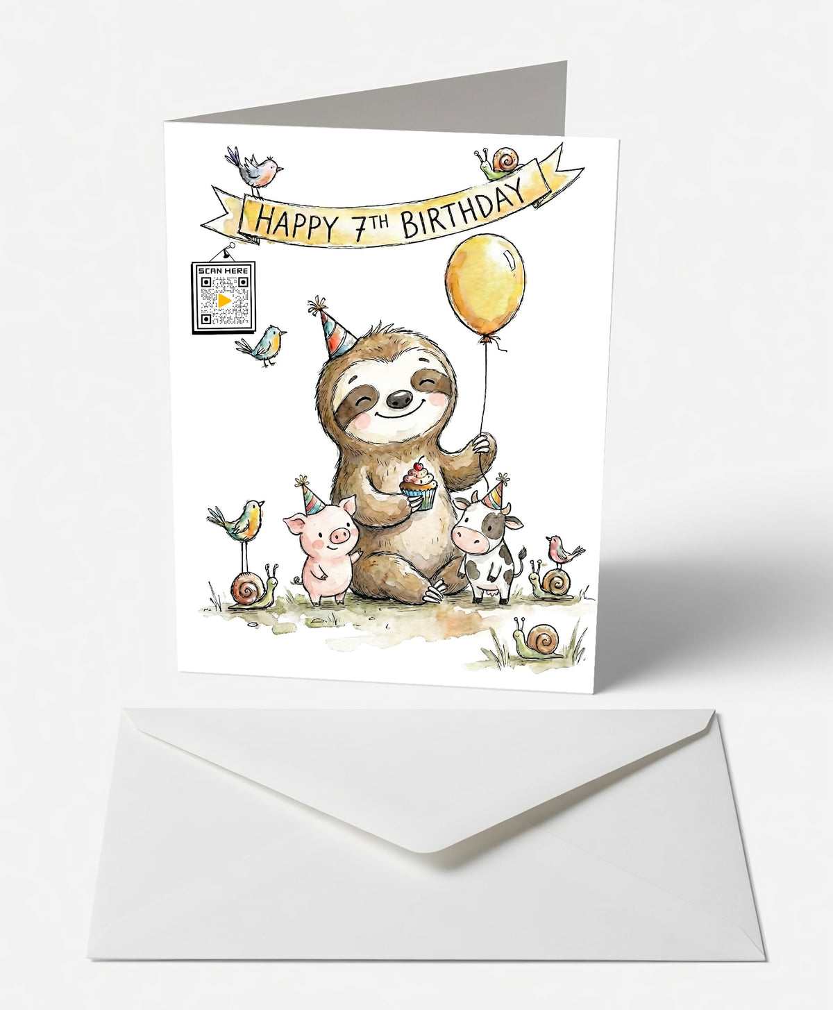 Scanimate | Birthday Card | Sweet Serenade Sloth th Design | Interactive QR Song | With Envelope | Happy Birthday Greeting Card | Her/Him