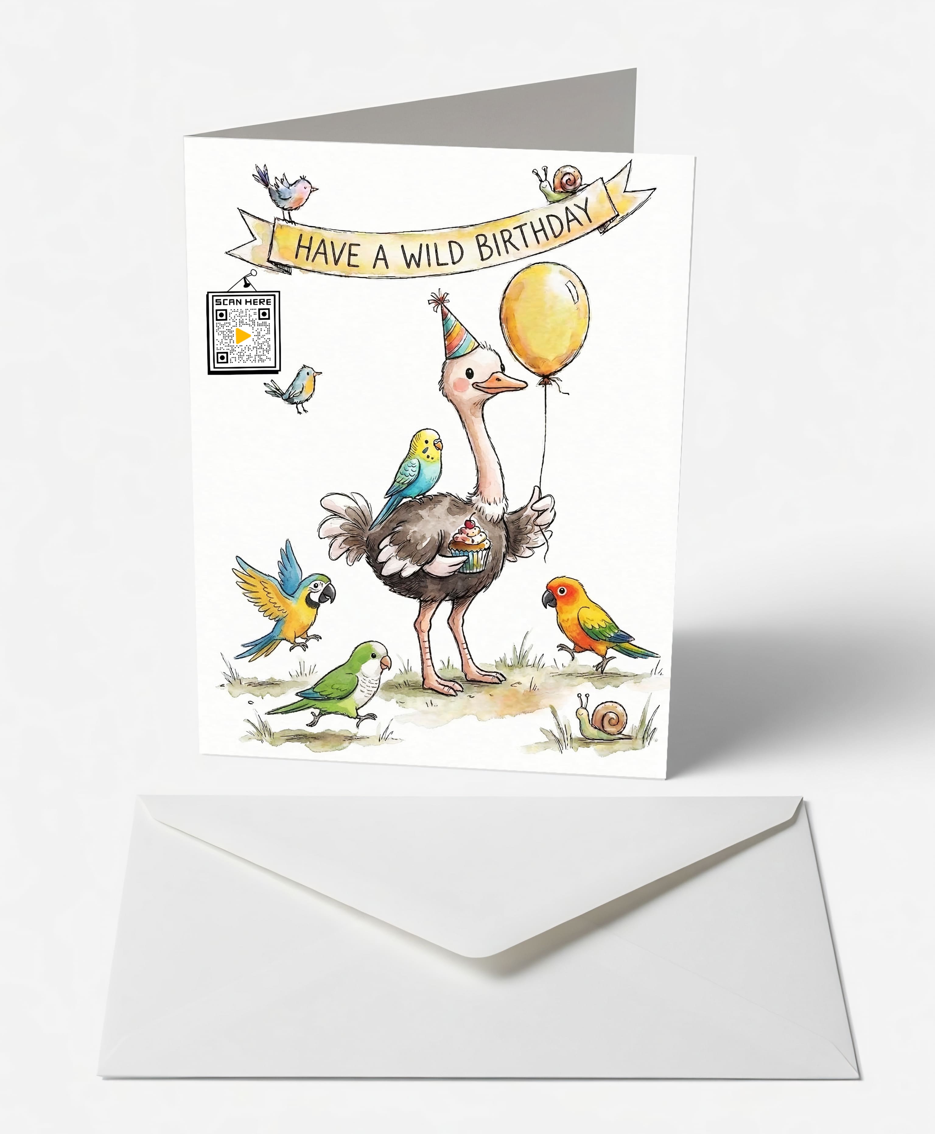 Scanimate | Birthday Card | Wild Ostrich & Friends Design | Interactive QR Song | With Envelope | Happy Birthday Greeting Card | Her/Him