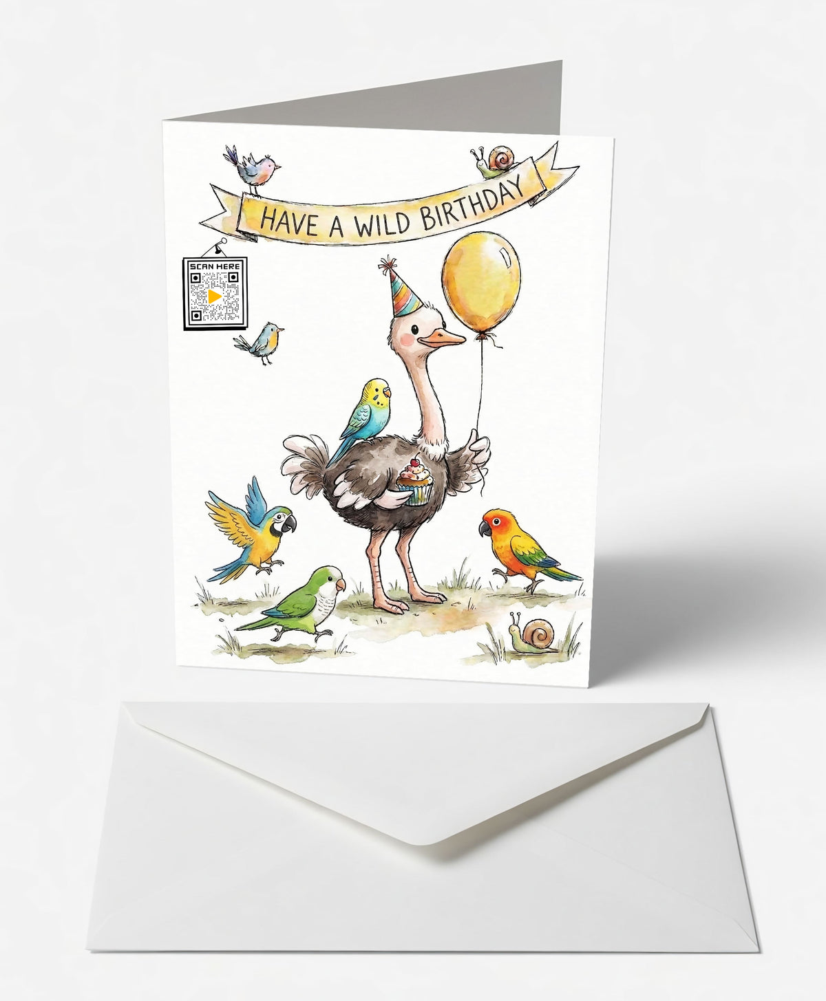 Scanimate | Birthday Card | Wild Ostrich & Friends Design | Interactive QR Song | With Envelope | Happy Birthday Greeting Card | Her/Him