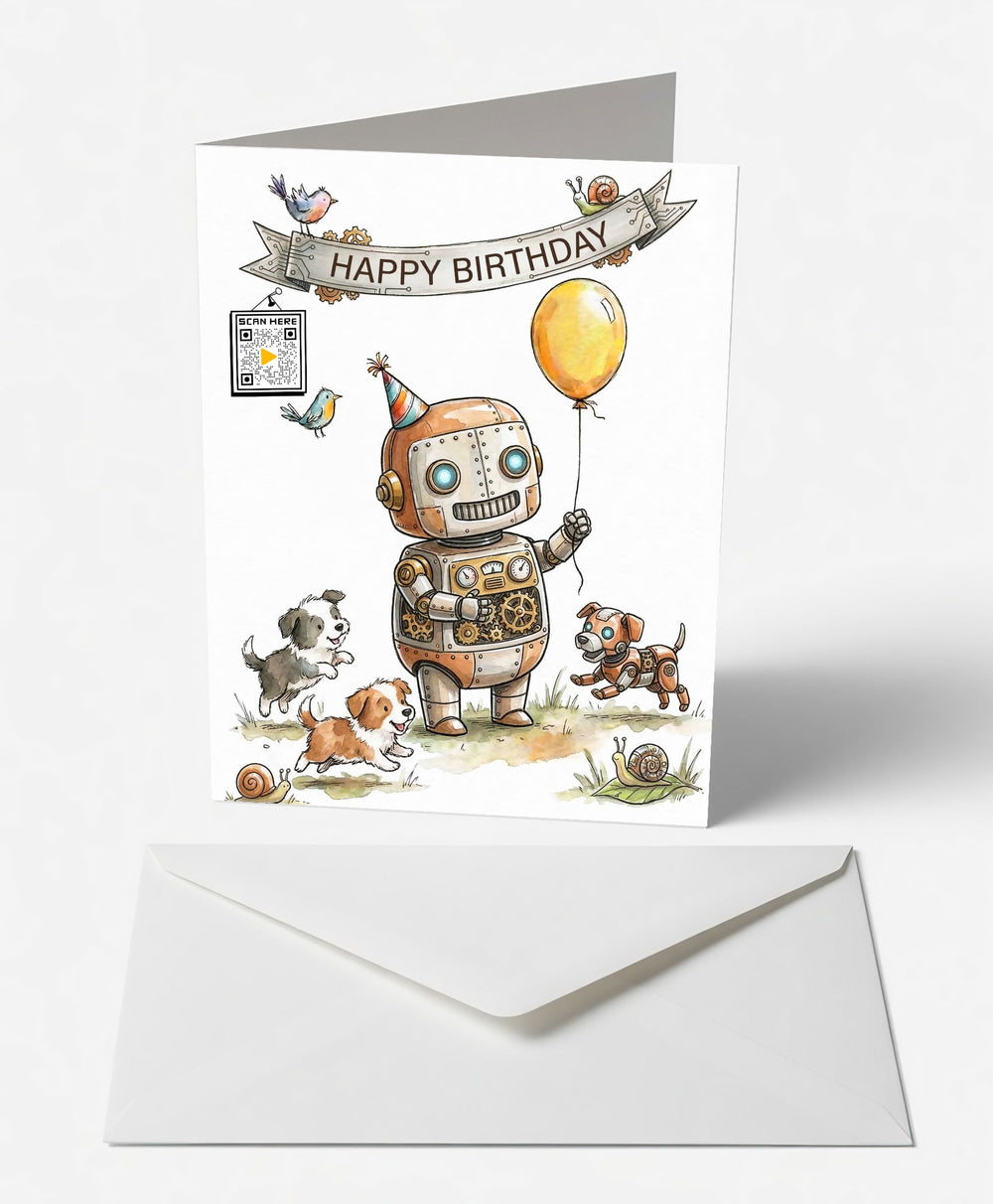 Scanimate | Birthday Card | Retro Robot & Pups Design | Interactive QR Song | With Envelope | Happy Birthday Greeting Card | Kids/Her/Him