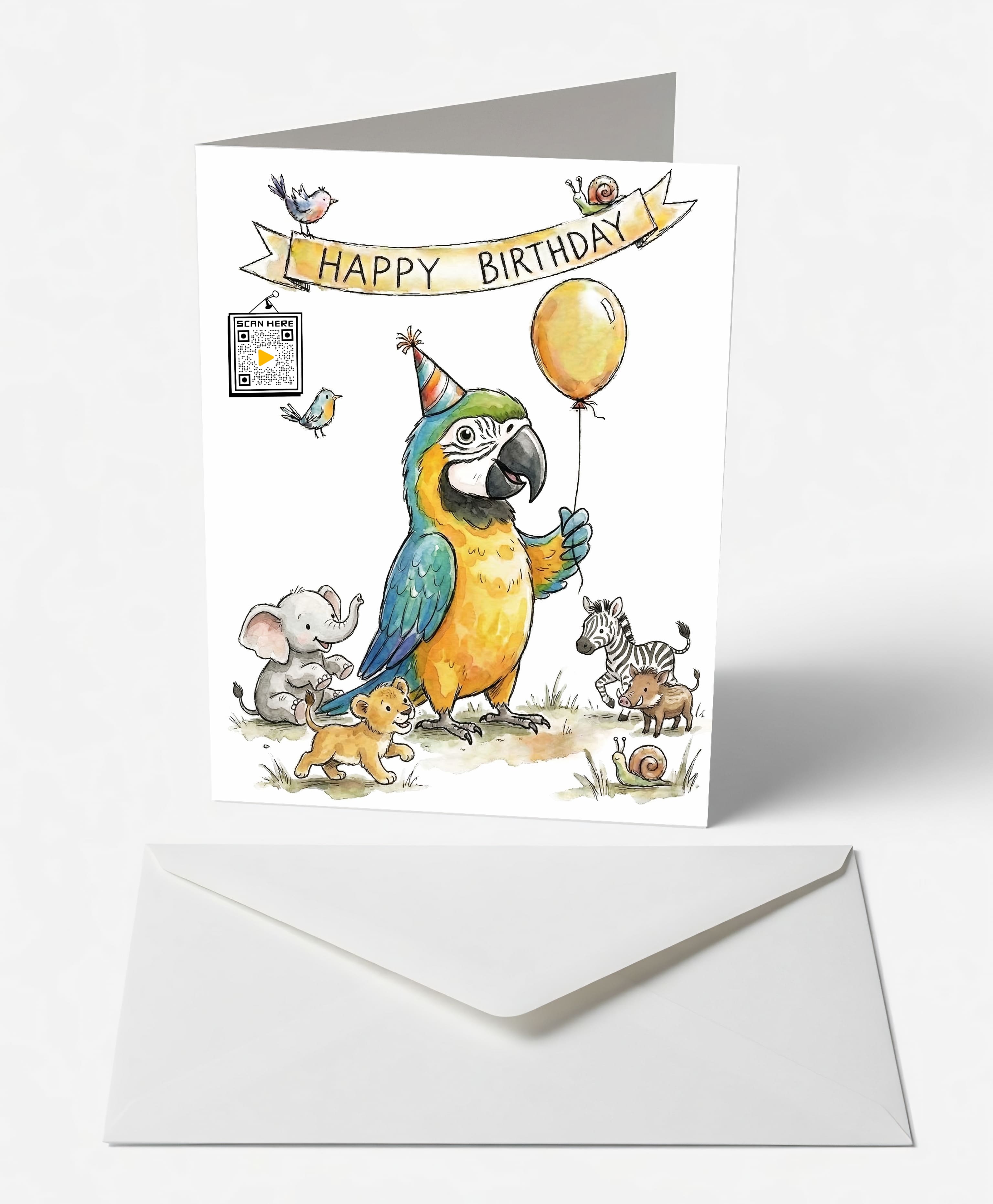 Scanimate | Birthday Card | Party Parrot & Safari Crew Design | Interactive QR Song | With Envelope | Happy Birthday Greeting Card | Her/Him