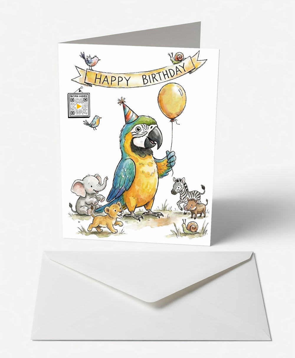 Scanimate | Birthday Card | Party Parrot & Safari Crew Design | Interactive QR Song | With Envelope | Happy Birthday Greeting Card | Her/Him