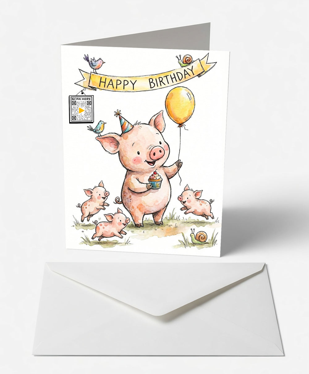 Scanimate | Birthday Card | Joyful Piglet Design | Interactive QR Song | With Envelope | Happy Birthday Greeting Card | Her/Him