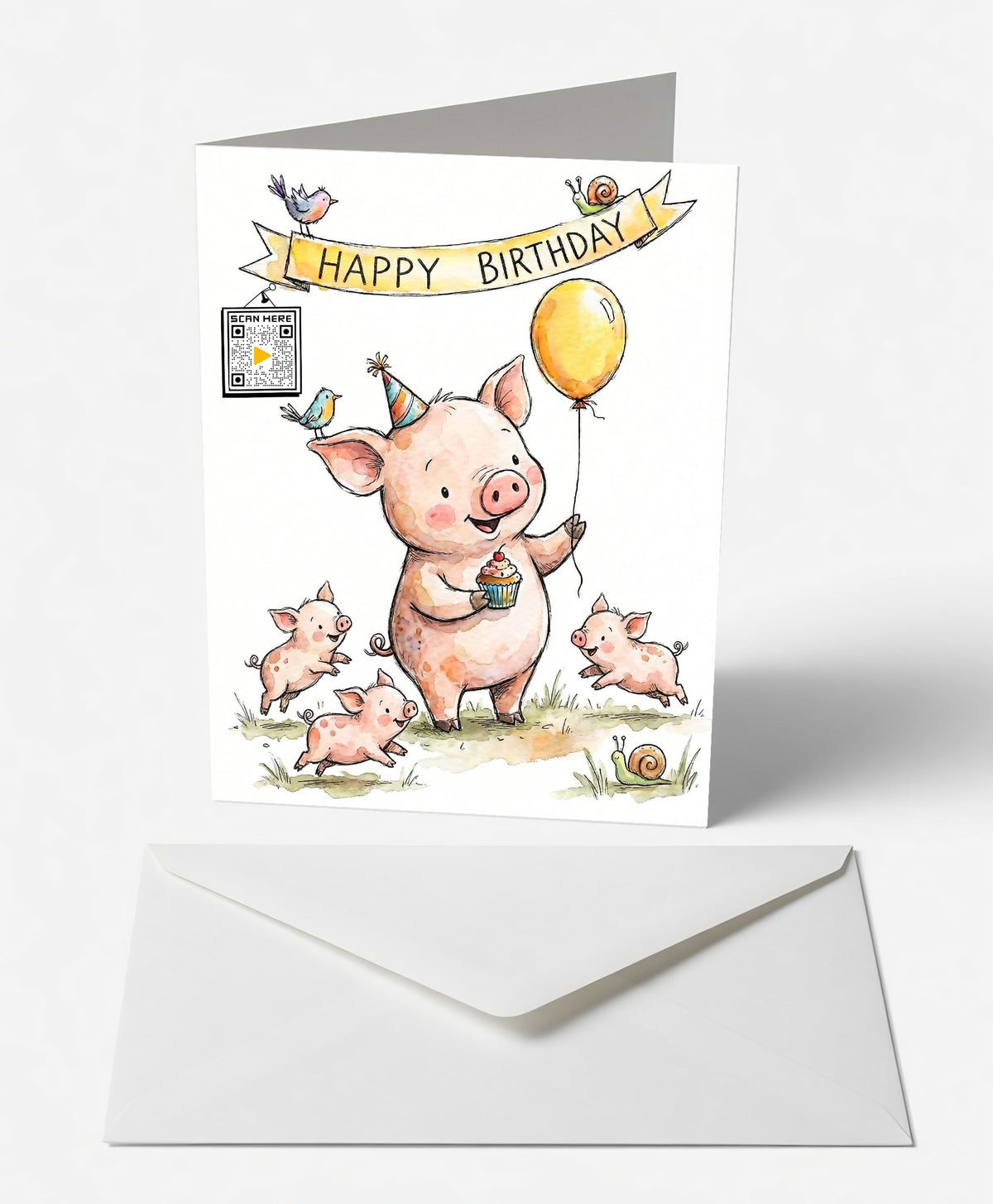 Scanimate | Birthday Card | Joyful Piglet Design | Interactive QR Song | With Envelope | Happy Birthday Greeting Card | Her/Him