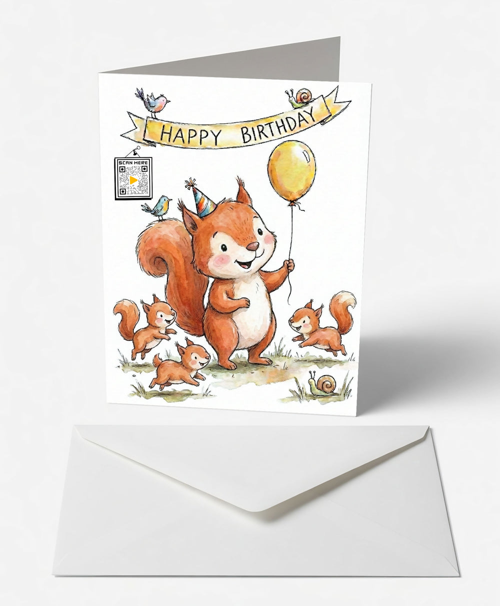 Scanimate | Birthday Card | Scampering Squirrel Design | Interactive QR Song | With Envelope | Happy Birthday Greeting Card | Her/Him