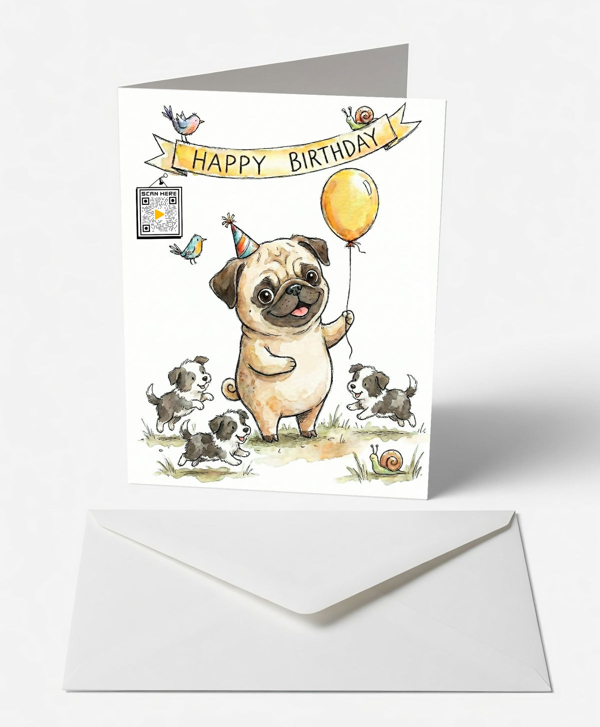 Scanimate | Birthday Card | Playful Pug & Pups Design | Interactive QR Song | With Envelope | Happy Birthday Greeting Card | Her/Him