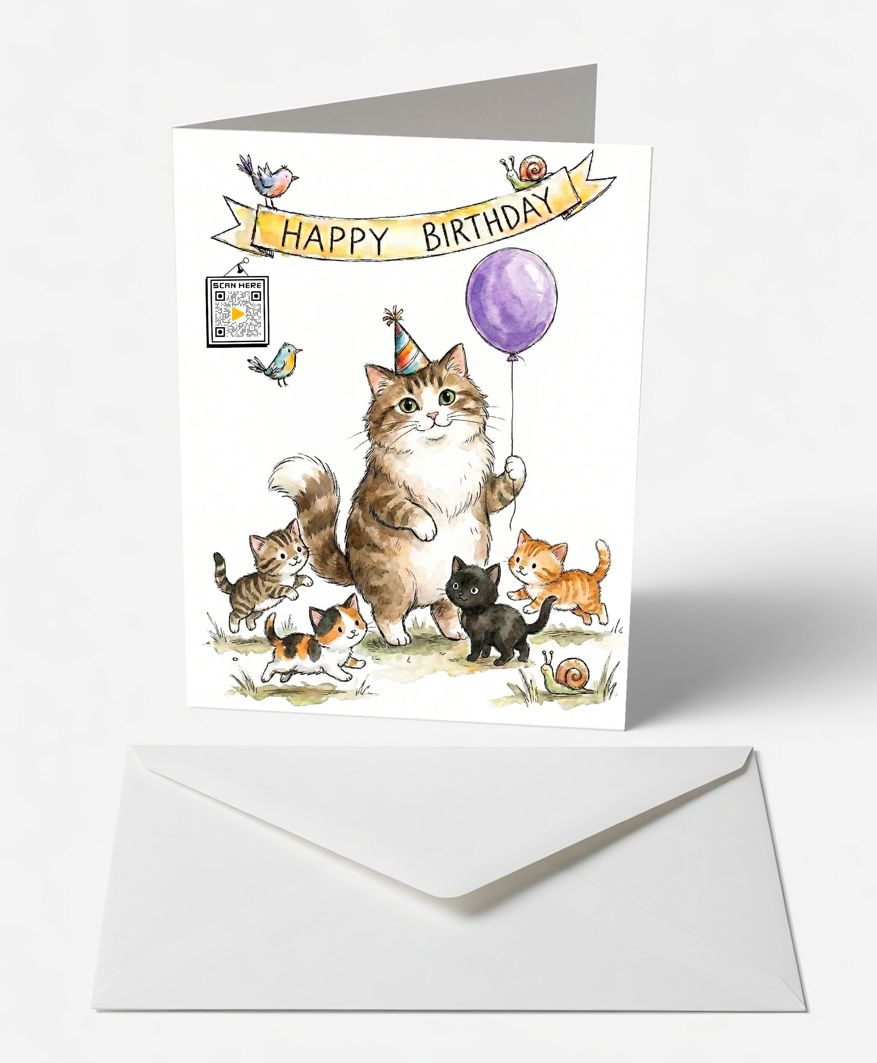Scanimate | Birthday Card | Festive Feline Design | Interactive QR Song | With Envelope | Happy Birthday Greeting Card | Her/Him
