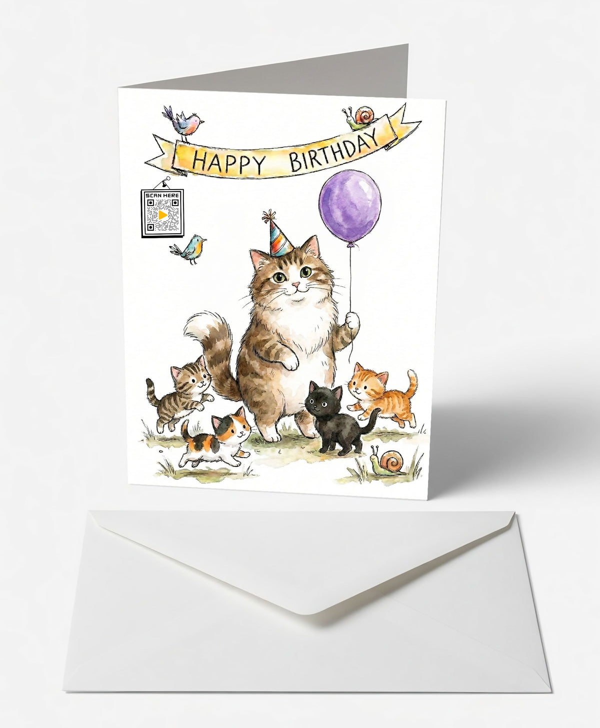 Scanimate | Birthday Card | Festive Feline Design | Interactive QR Song | With Envelope | Happy Birthday Greeting Card | Her/Him