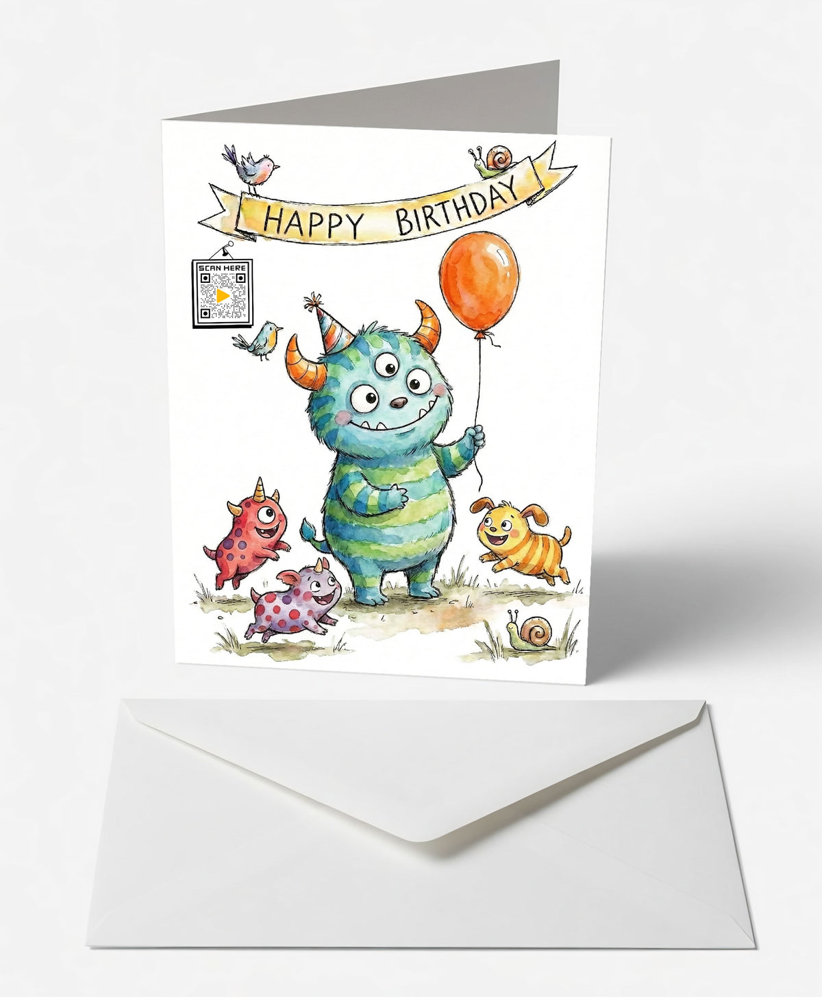 Scanimate | Birthday Card | Friendly Monster Design | Interactive QR Song | With Envelope | Happy Birthday Greeting Card | Kids/Her/Him