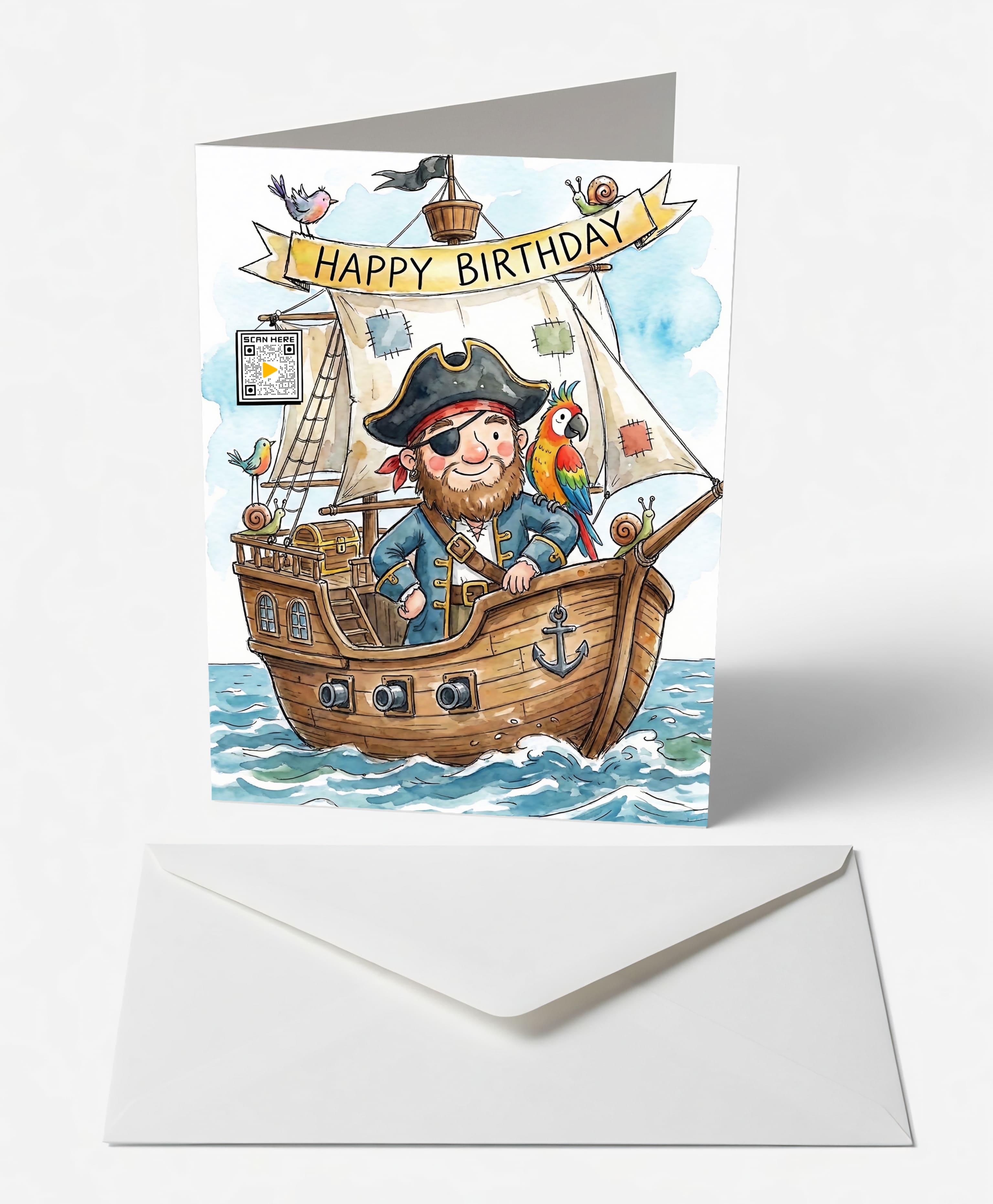 Scanimate | Birthday Card | Jolly Pirate Ship Design | Interactive QR Song | With Envelope | Happy Birthday Greeting Card | Her/Him
