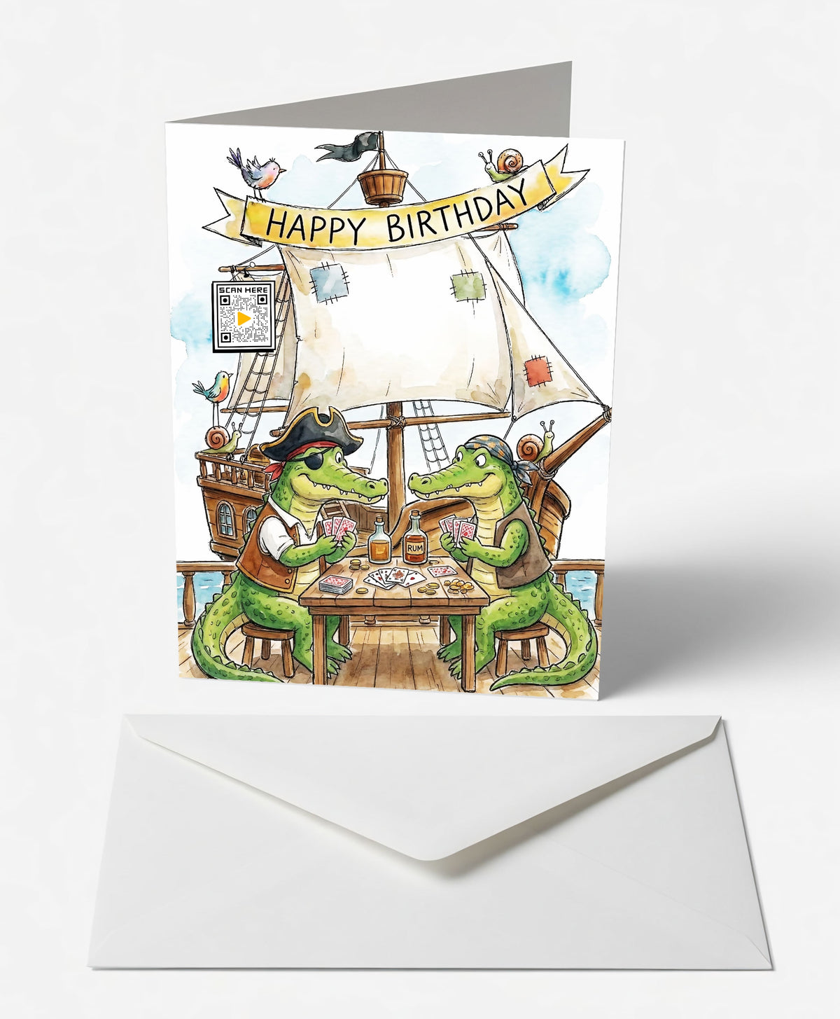 Scanimate | Birthday Card | Pirate Crocodiles Design | Interactive QR Song | With Envelope | Happy Birthday Greeting Card | Her/Him
