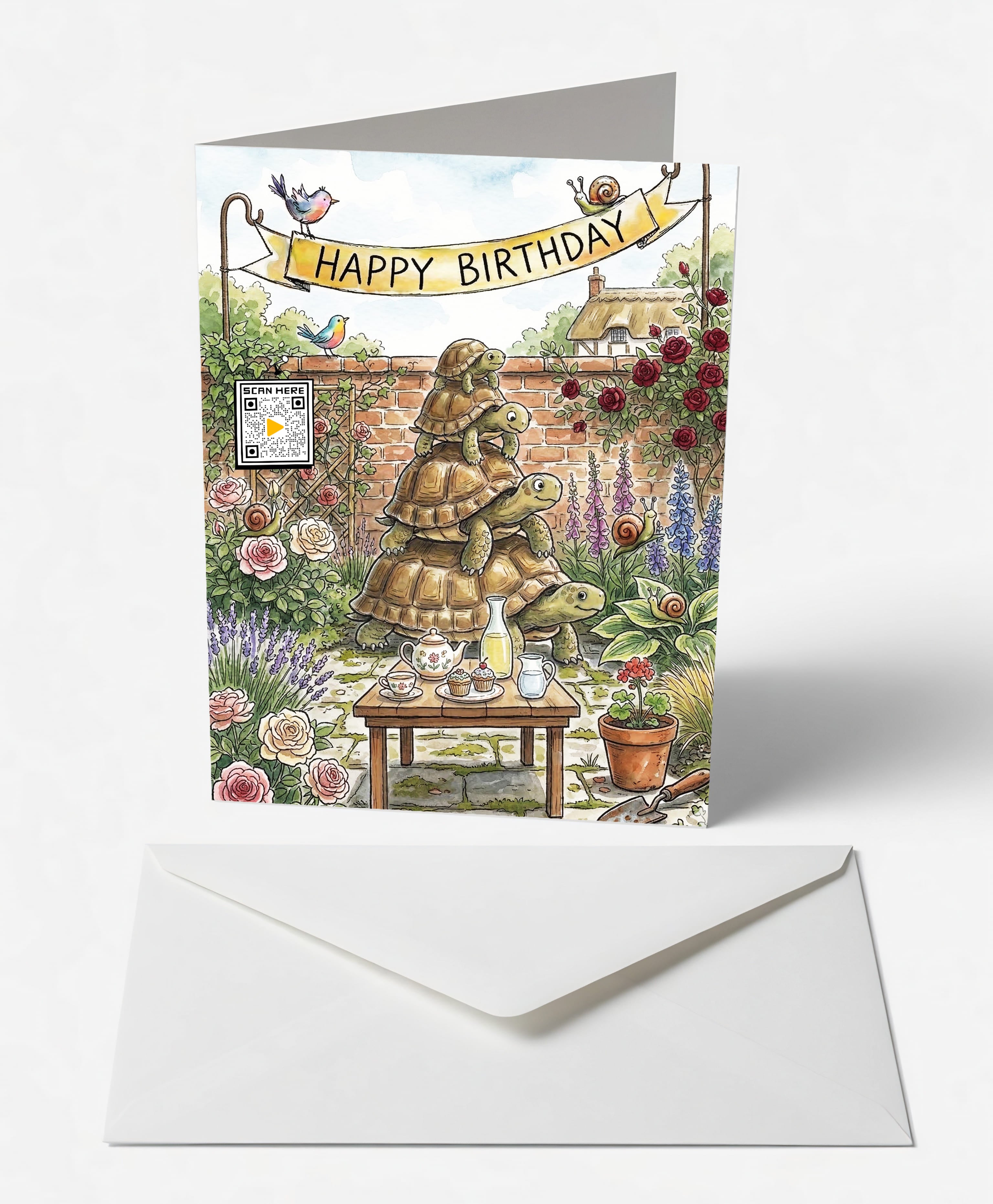 Scanimate | Birthday Card | Towering Tortoise Tea Party Design | Interactive QR Song | With Envelope | Happy Birthday Greeting Card | Her/Him
