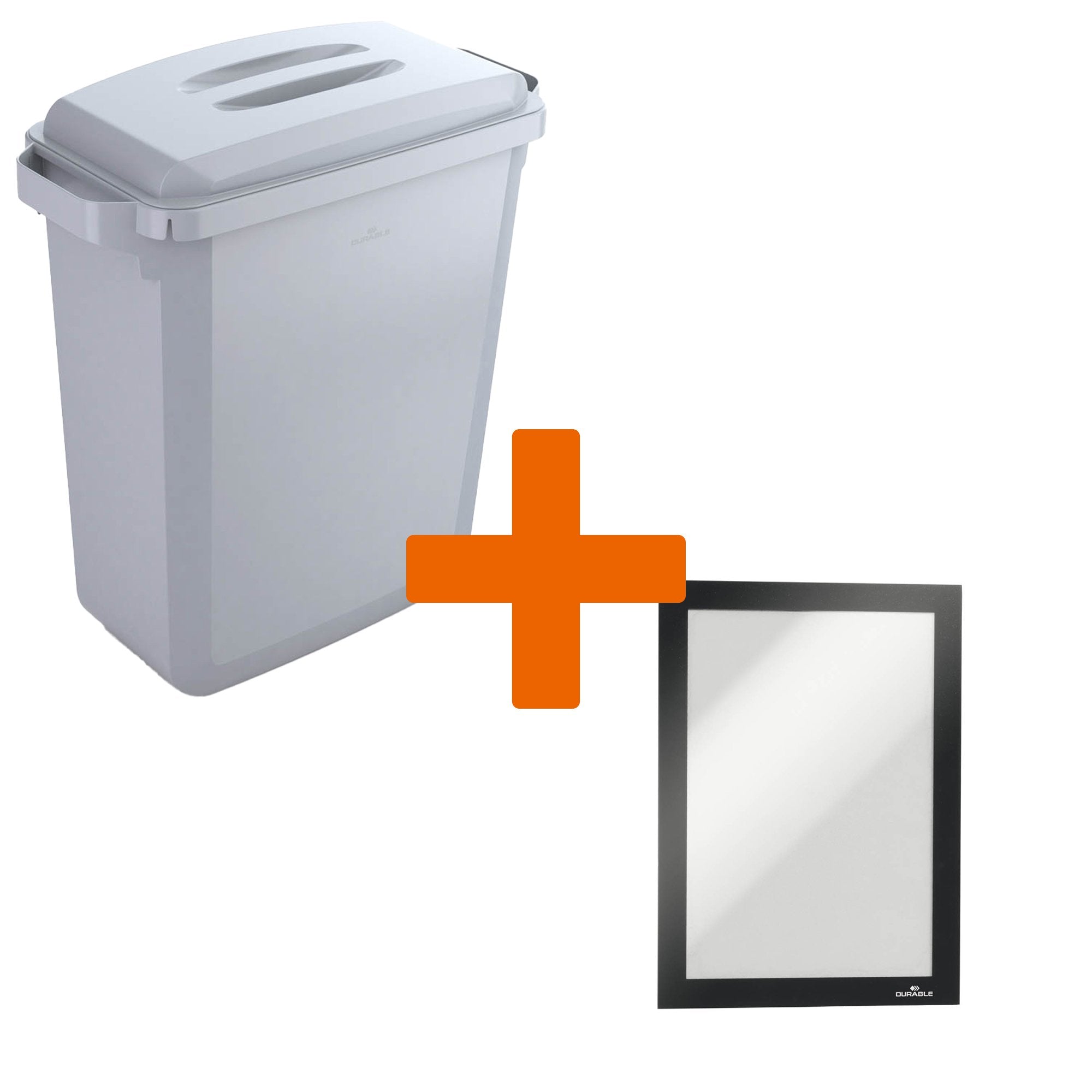 Durable DURABIN Plastic Waste Recycling Bin 60 Litre Grey with Grey Lid & Black A5 DURAFRAME Self-Adhesive Sign Holder - VEH2023003 DD