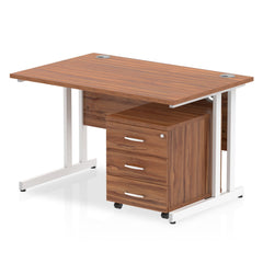 Impulse Cantilever Straight Office Desk W1200 x D800 x H730mm Walnut Finish White Frame With 3 Drawer Mobile Pedestal - I003942 DD