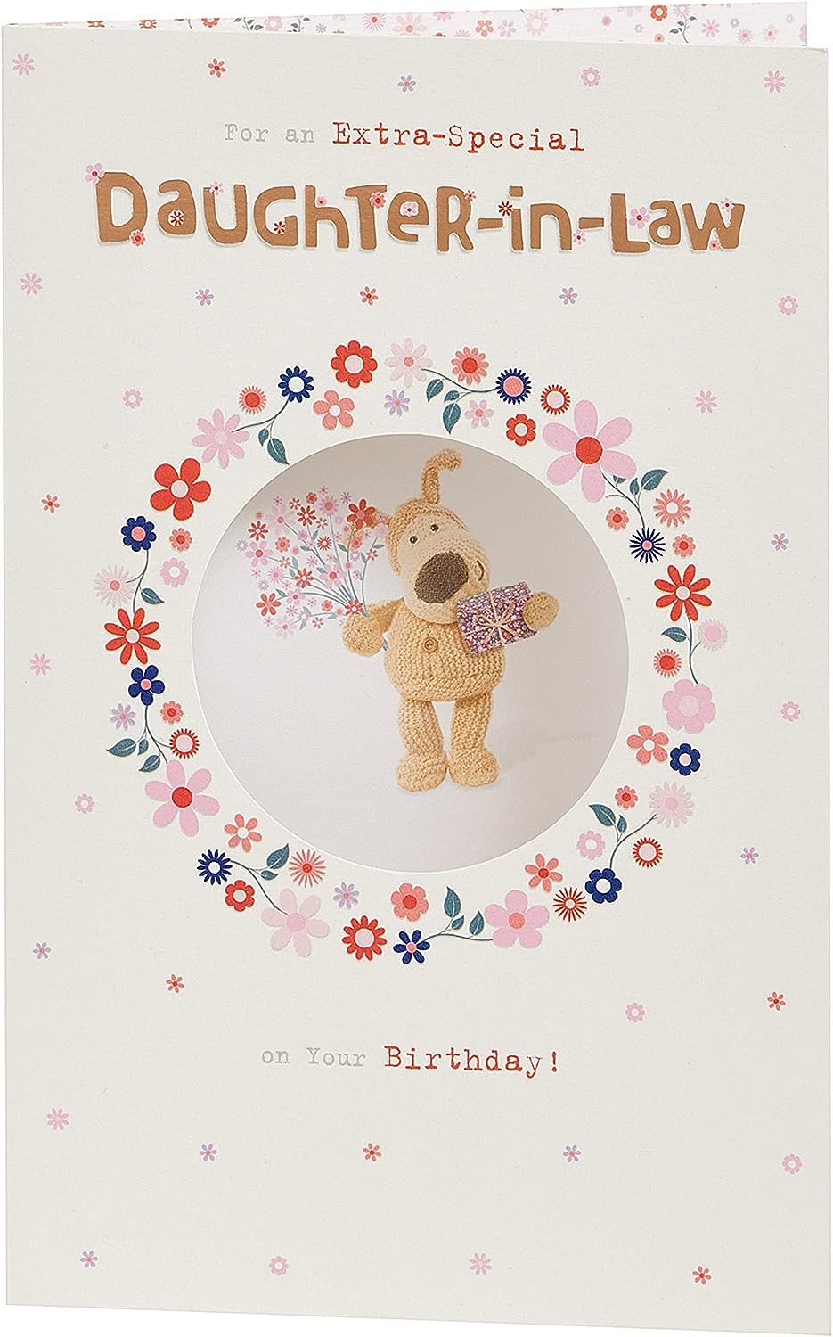 Boofle Birthday Card For Daughter In Law With Envelope - Cute Design Present And Flowers, 137mm x 210mm