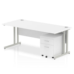 Impulse Cantilever Straight Office Desk W1800 x D800 x H730mm White Finish Silver Frame With 2 Drawer Mobile Pedestal - MI000957 DD