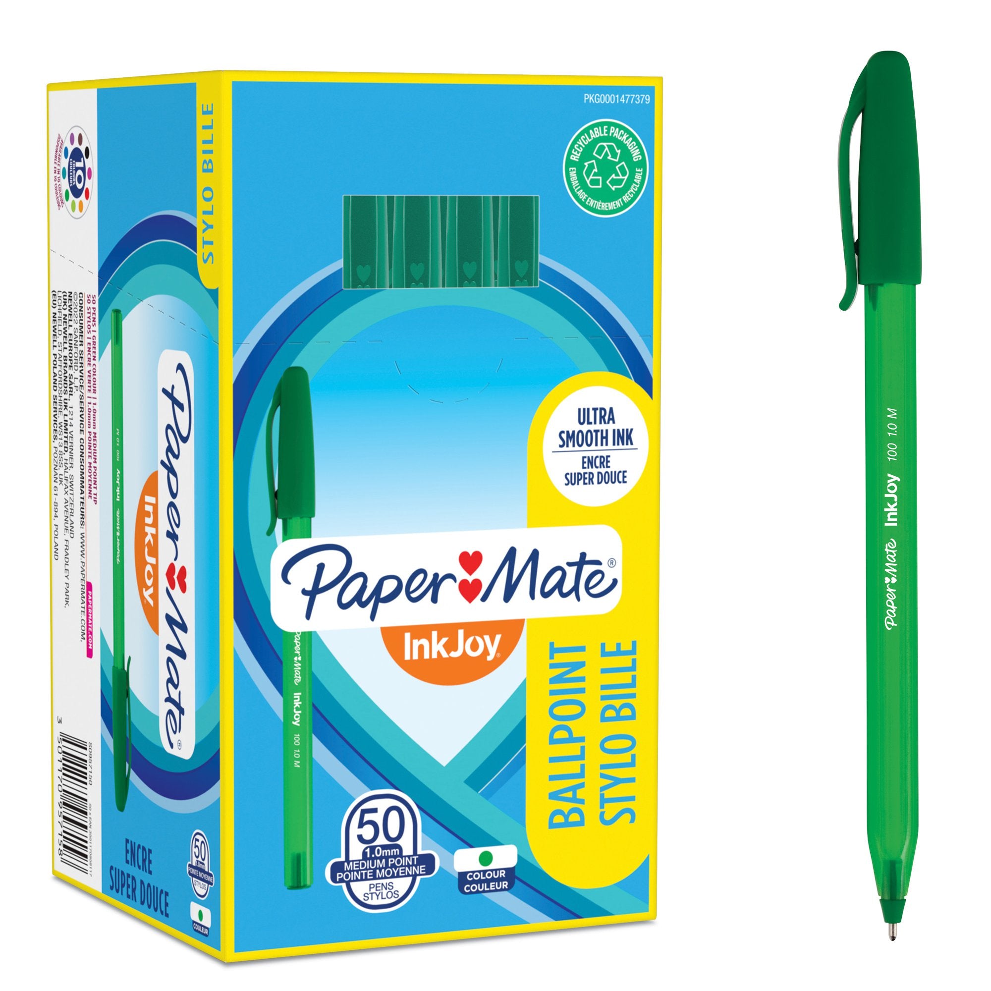 Paper Mate InkJoy 100 Ballpoint Pen 1.0mm Tip 0.7mm Line Green (Pack 50) - S0957150