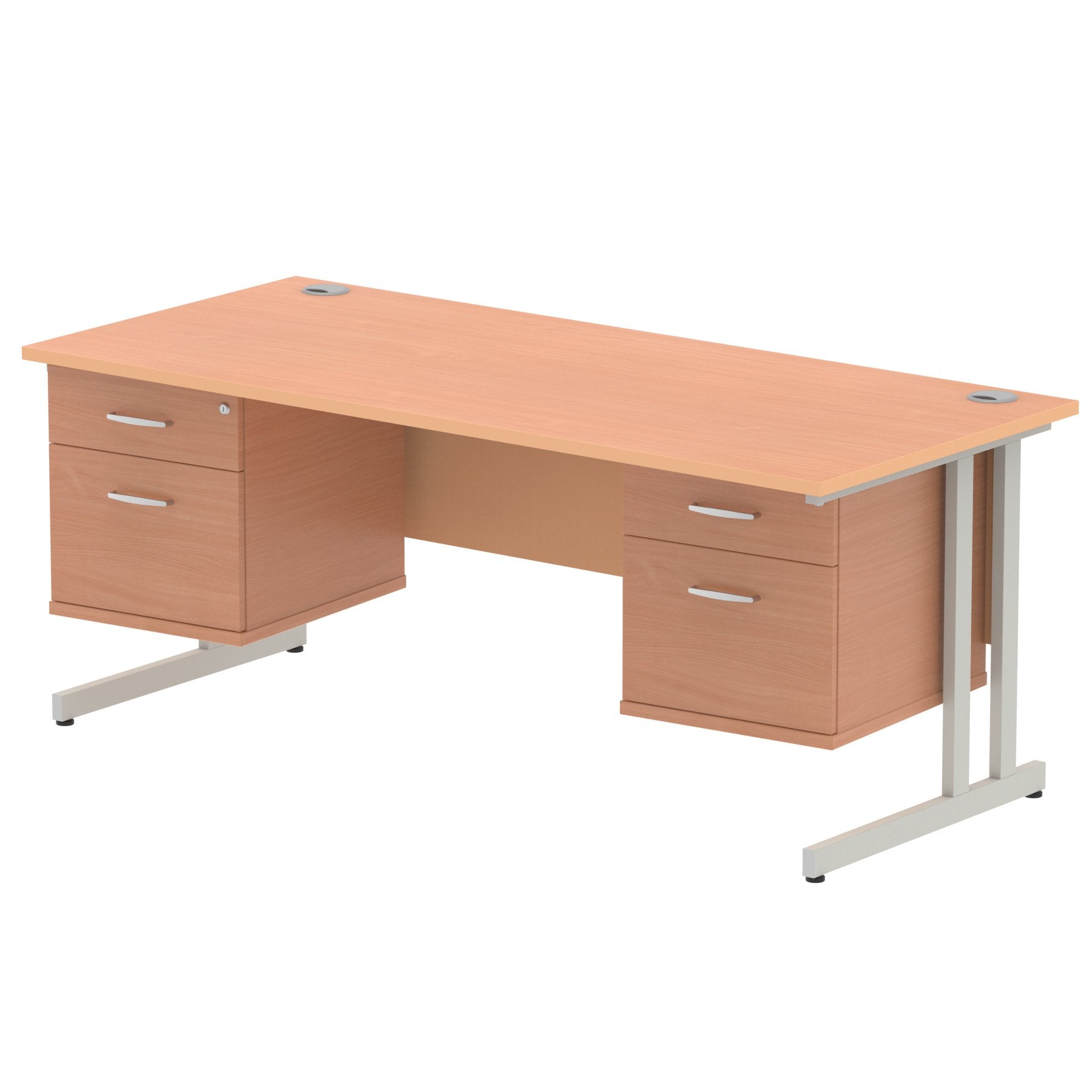 Dynamic Impulse W1800 x D800 x H730mm Straight Office Desk Cantilever Leg With 2x2 Drawer Double Fixed Pedestal Beech Finish Silver Frame - MI001707 DD