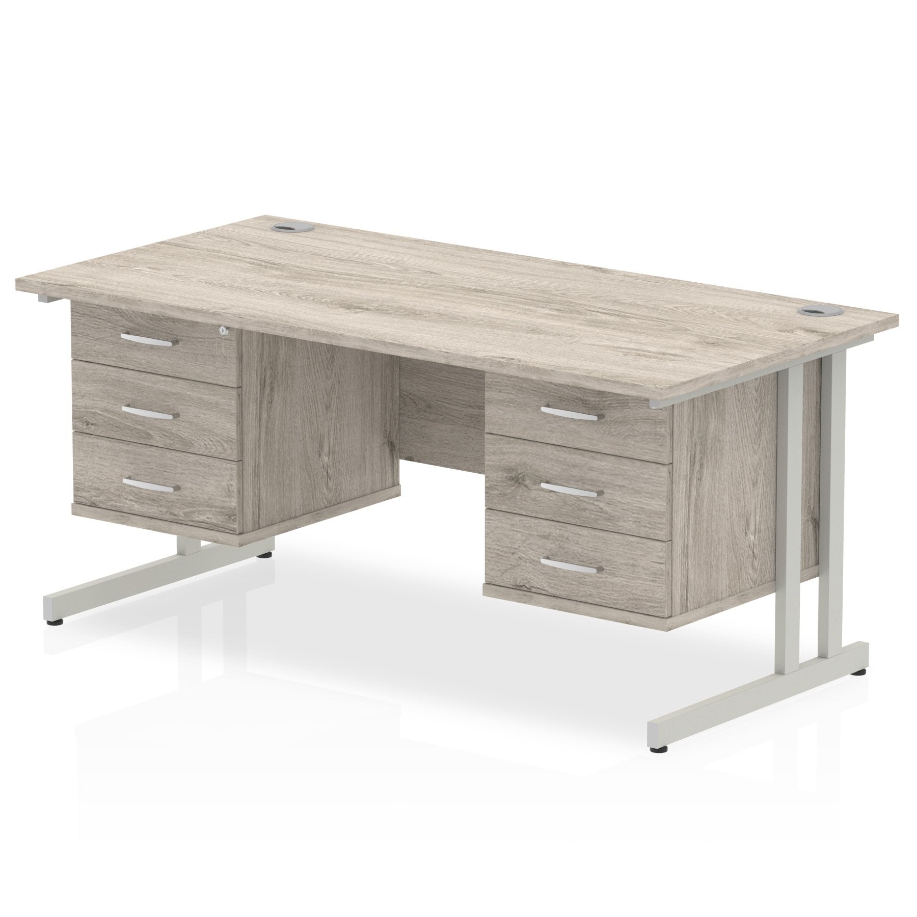 Dynamic Impulse W1600 x D800 x H730mm Straight Office Desk Cantilever Leg With 2x3 Drawer Double Fixed Pedestal Grey Oak Finish Silver Frame - I003489 DD