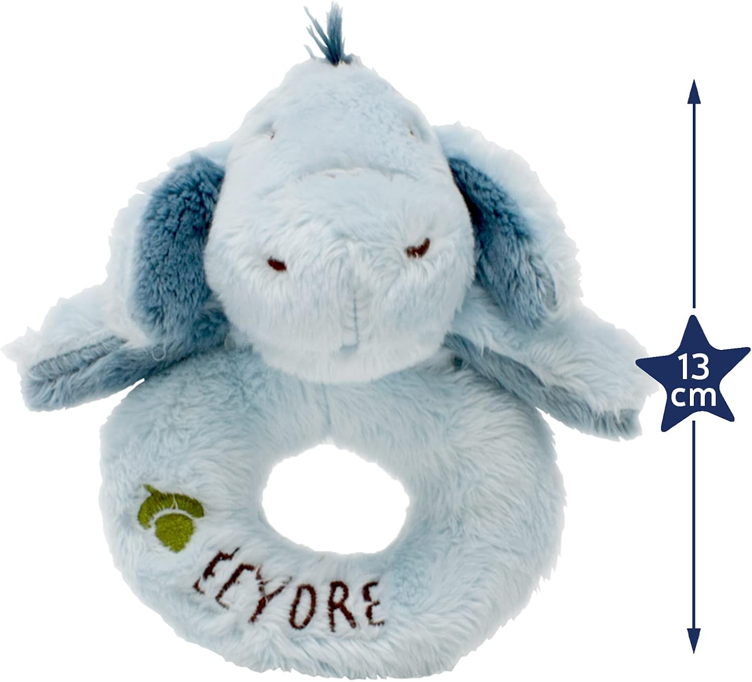 White Rainbow Designs Classic Eeyore ring rattle, a soft baby toy with a friendly Eeyore character for infants to hold and shake.