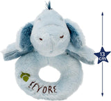 White Rainbow Designs Classic Eeyore ring rattle, a soft baby toy with a friendly Eeyore character for infants to hold and shake.