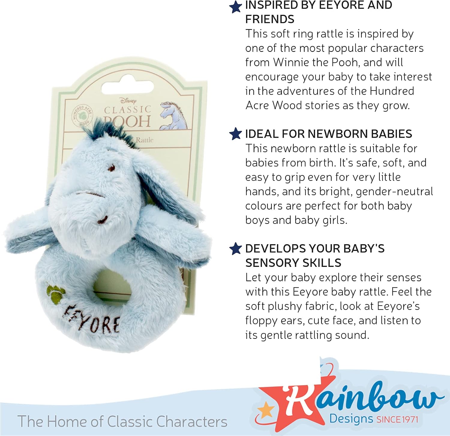 White Rainbow Designs Classic Eeyore ring rattle baby toy with soft fabric and a friendly Eeyore face for infants.