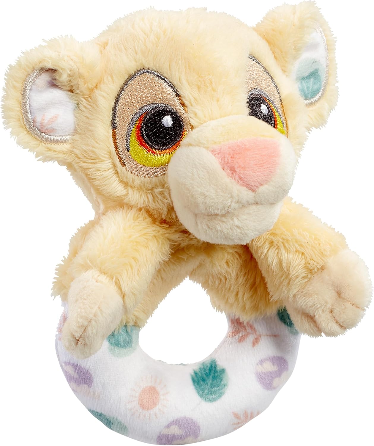 Rainbow Designs Disney Baby Lion King ring rattle toy, soft fabric with colorful Lion King character details for infants.