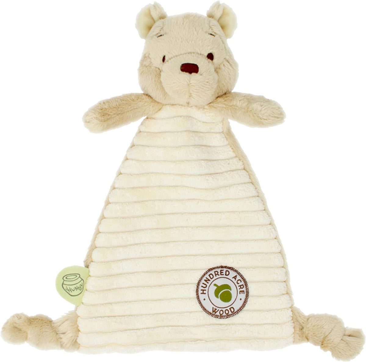 Rainbow Designs Winnie the Pooh comfort blanket from Hundred Acre Wood, soft baby toy with plush fabric and embroidered details.