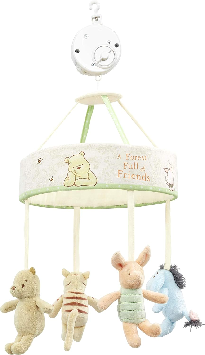 Rainbow Designs Winnie the Pooh mobile for babies featuring Hundred Acre Wood characters, colorful plush toys hanging from a mobile.