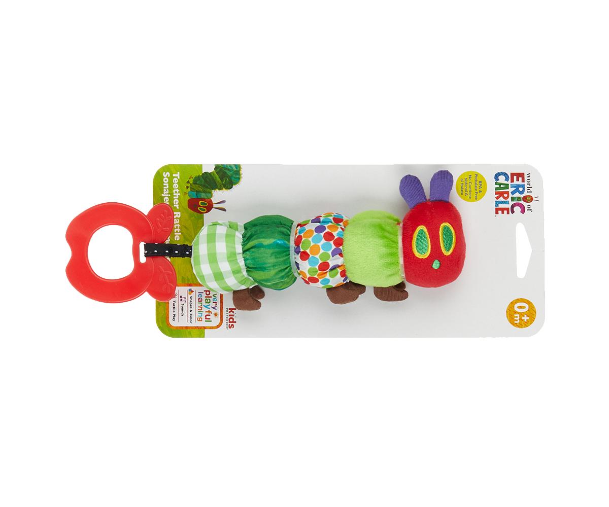 Rainbow Designs Very Hungry Caterpillar teether rattle for babies featuring colorful caterpillar design and soft, textured surface.