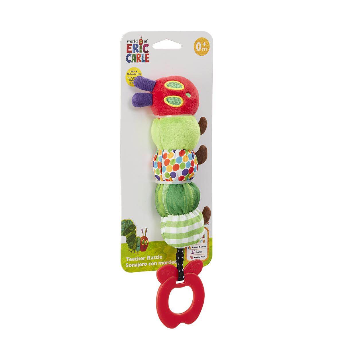 Rainbow Designs Very Hungry Caterpillar teether rattle for babies, featuring colorful caterpillar design and soft, textured surface.