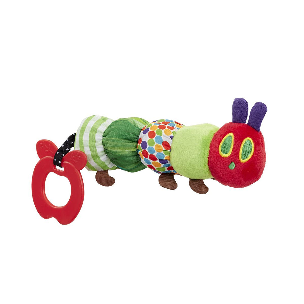 Rainbow Designs Very Hungry Caterpillar baby teether rattle with colorful caterpillar design, soft and safe for infants.