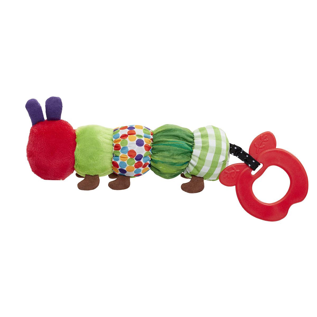 Rainbow Designs Very Hungry Caterpillar teether rattle, colorful baby toy with soft fabric and teething features for infants.