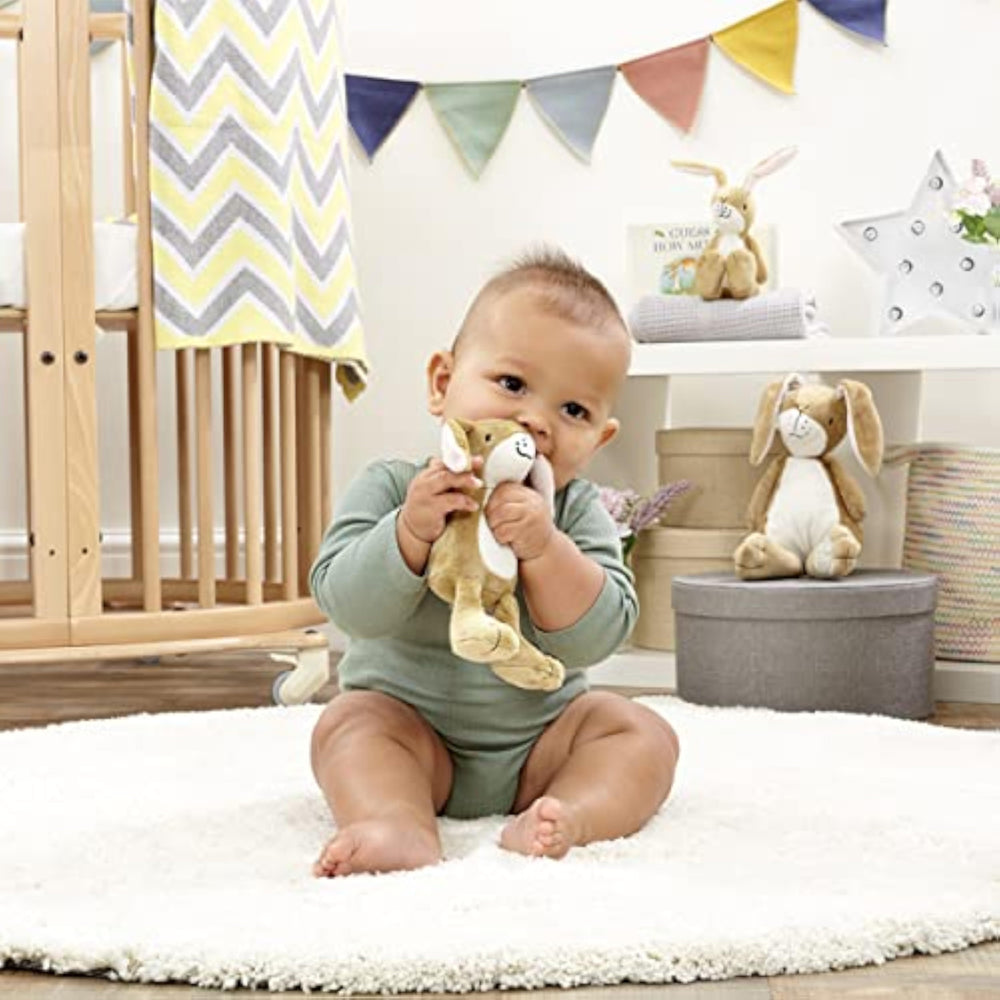 Soft plush Rainbow Designs Little Nutbrown Hare rattle toy for infants, designed as a sensory toy for newborns.