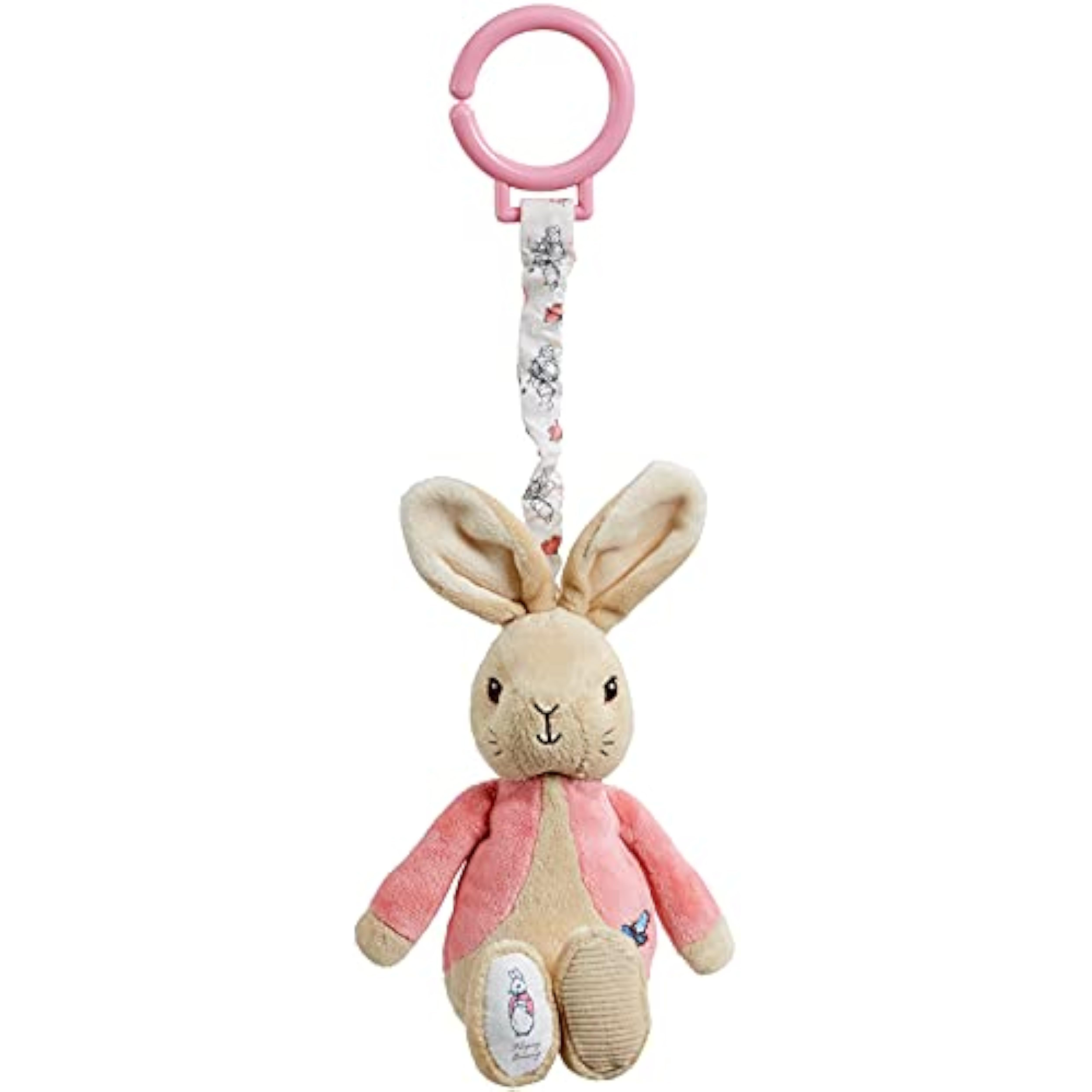 Pink Beatrix Potter Flopsy Jiggle Attachable Peter Rabbit pram toy by Rainbow Designs, soft fabric with cute bunny features.
