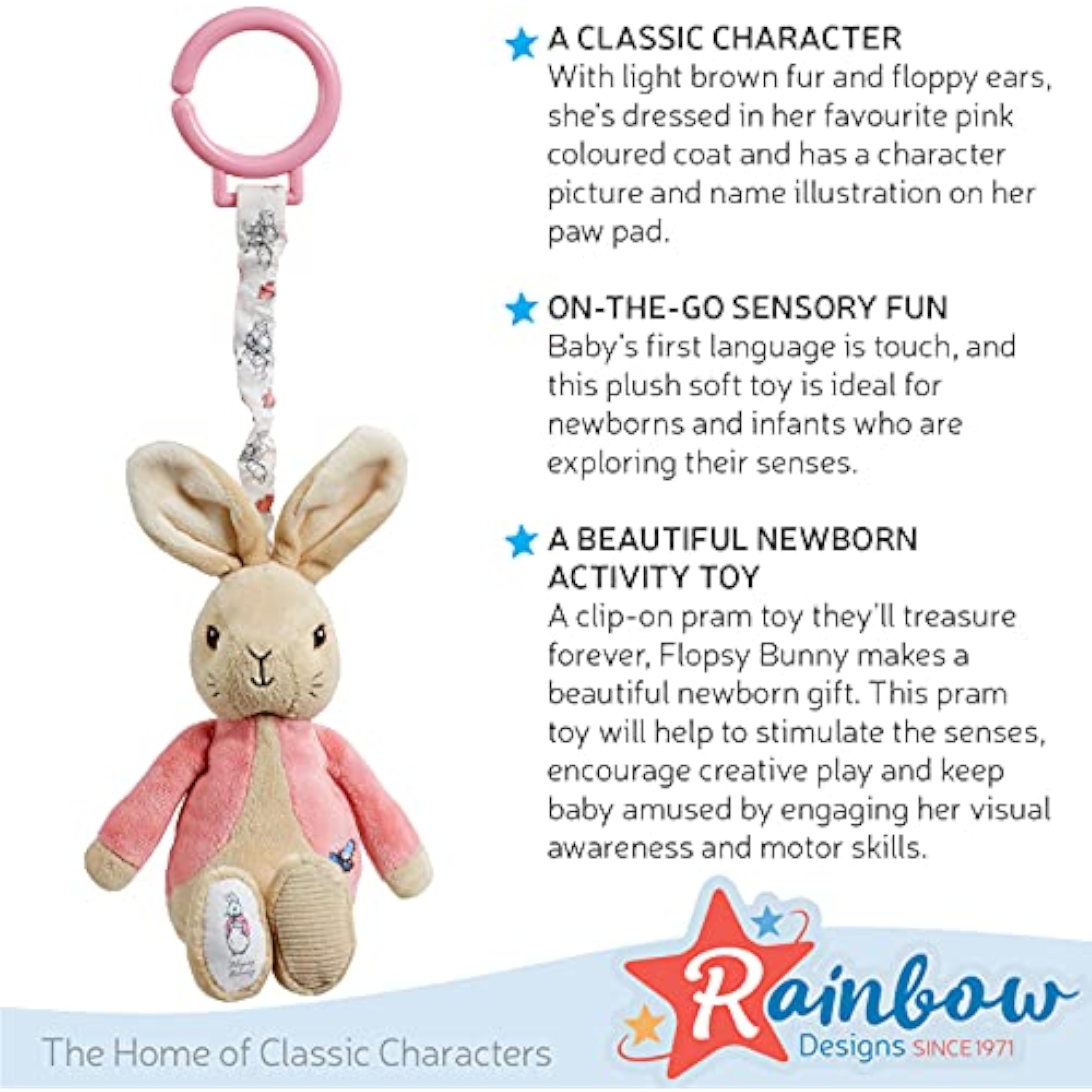 Rainbow Designs Beatrix Potter Flopsy Jiggle Attachable Peter Rabbit pram toy in pink, soft fabric with a gentle jiggling feature.