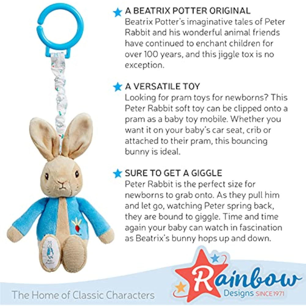 Rainbow Designs Beatrix Potter Peter Rabbit jiggle attachable soft toy for babies and toddlers, perfect as a unisex pram toy.