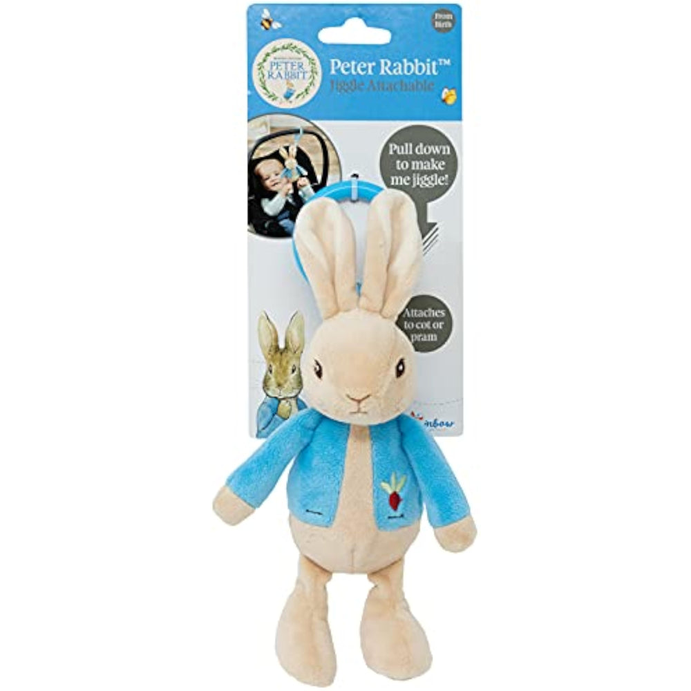 Rainbow Designs Peter Rabbit jiggle attachable soft toy, unisex pram toy for toddlers and babies, featuring colorful Beatrix Potter design.