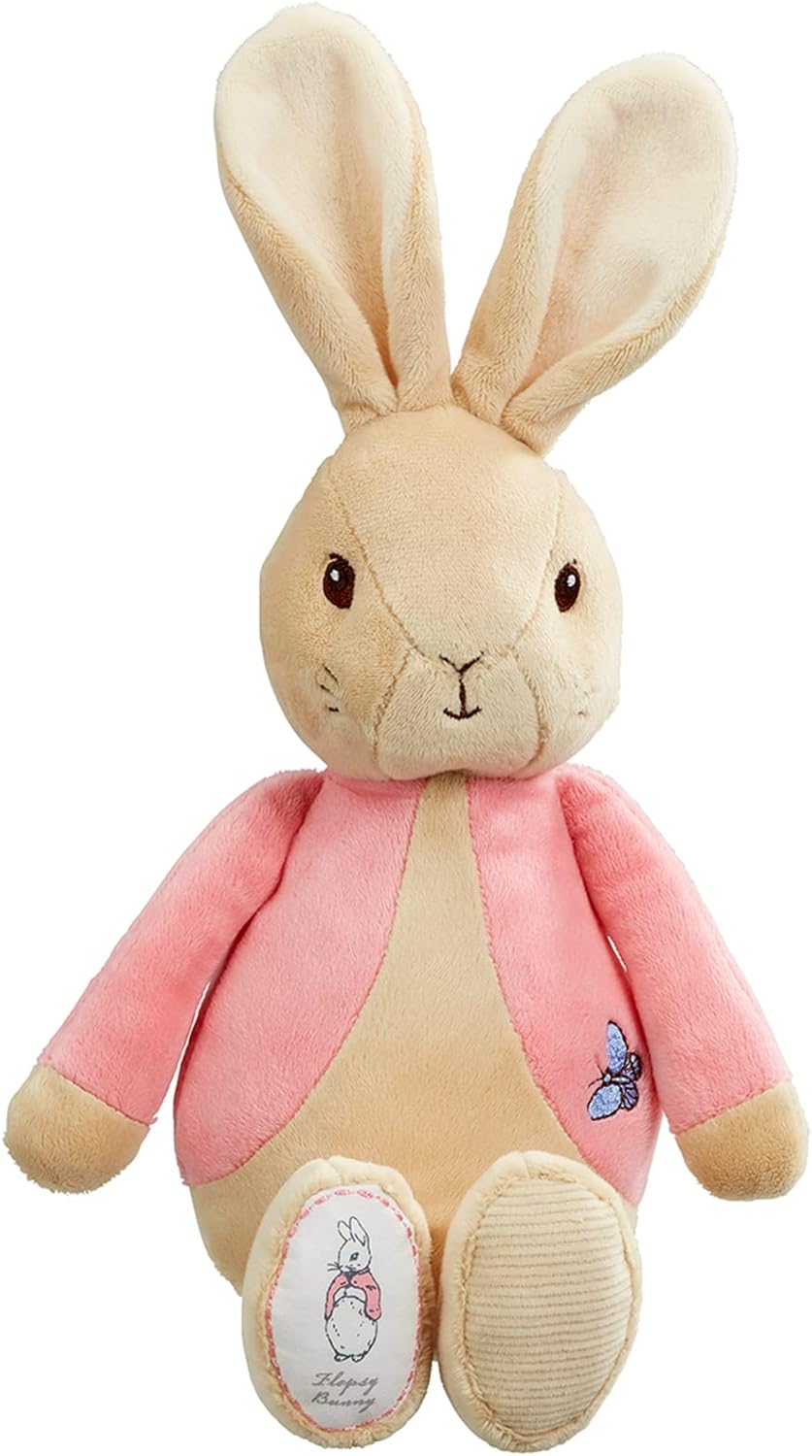 Soft toy of Peter Rabbit My First Flopsy Bunny by Rainbow Designs, featuring a plush, colorful bunny with floppy ears.