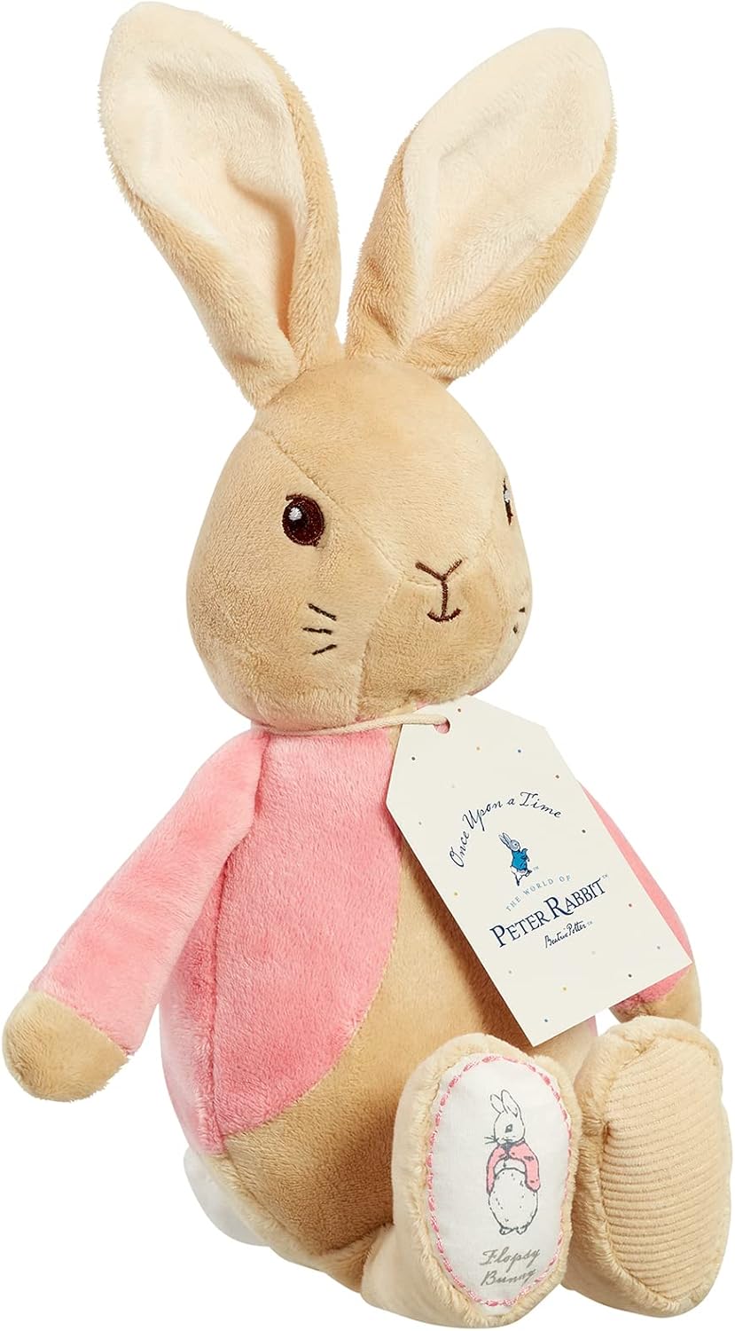 Soft toy of Peter Rabbit My First Flopsy Bunny by Rainbow Designs, featuring a plush, cuddly bunny with colorful details.