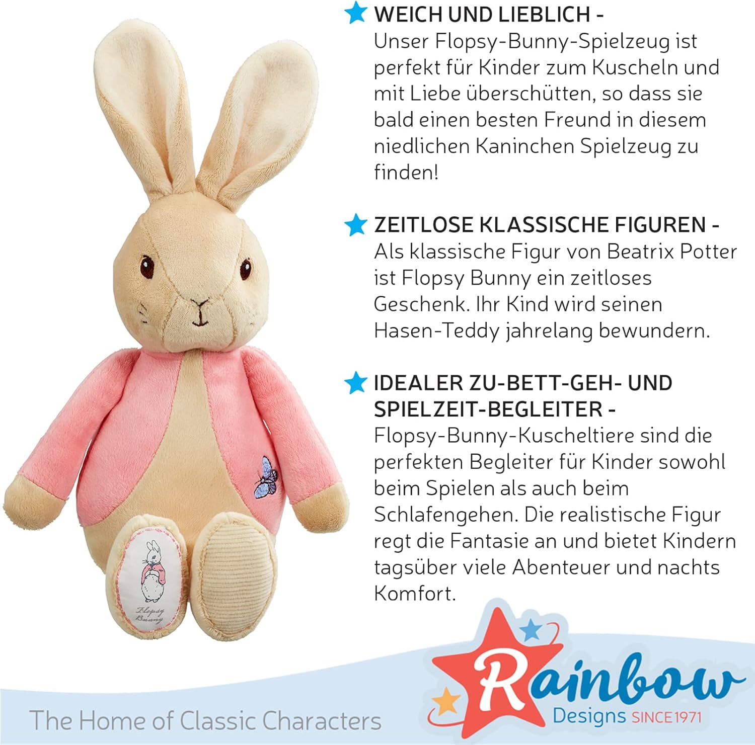 Soft toy of Peter Rabbit My First Flopsy Bunny by Rainbow Designs, plush bunny with floppy ears and colorful details.
