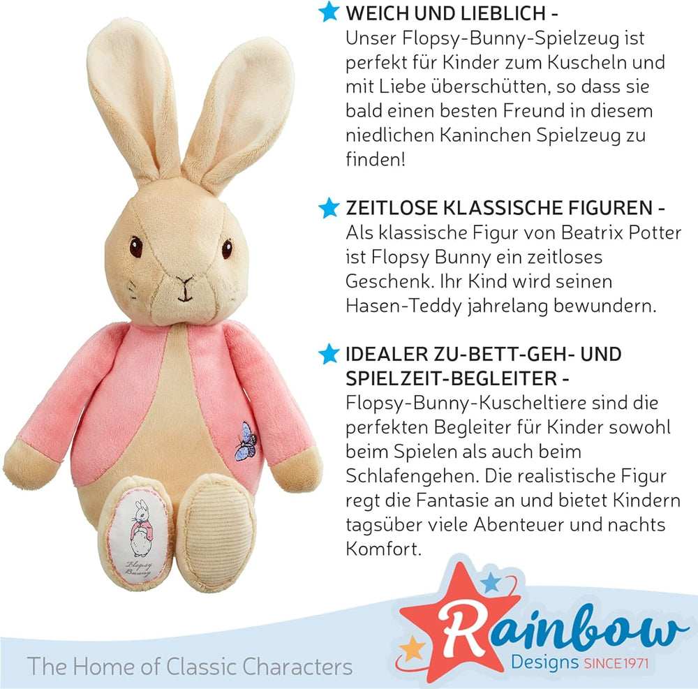 Soft toy of Peter Rabbit My First Flopsy Bunny by Rainbow Designs, plush bunny with floppy ears and colorful details.