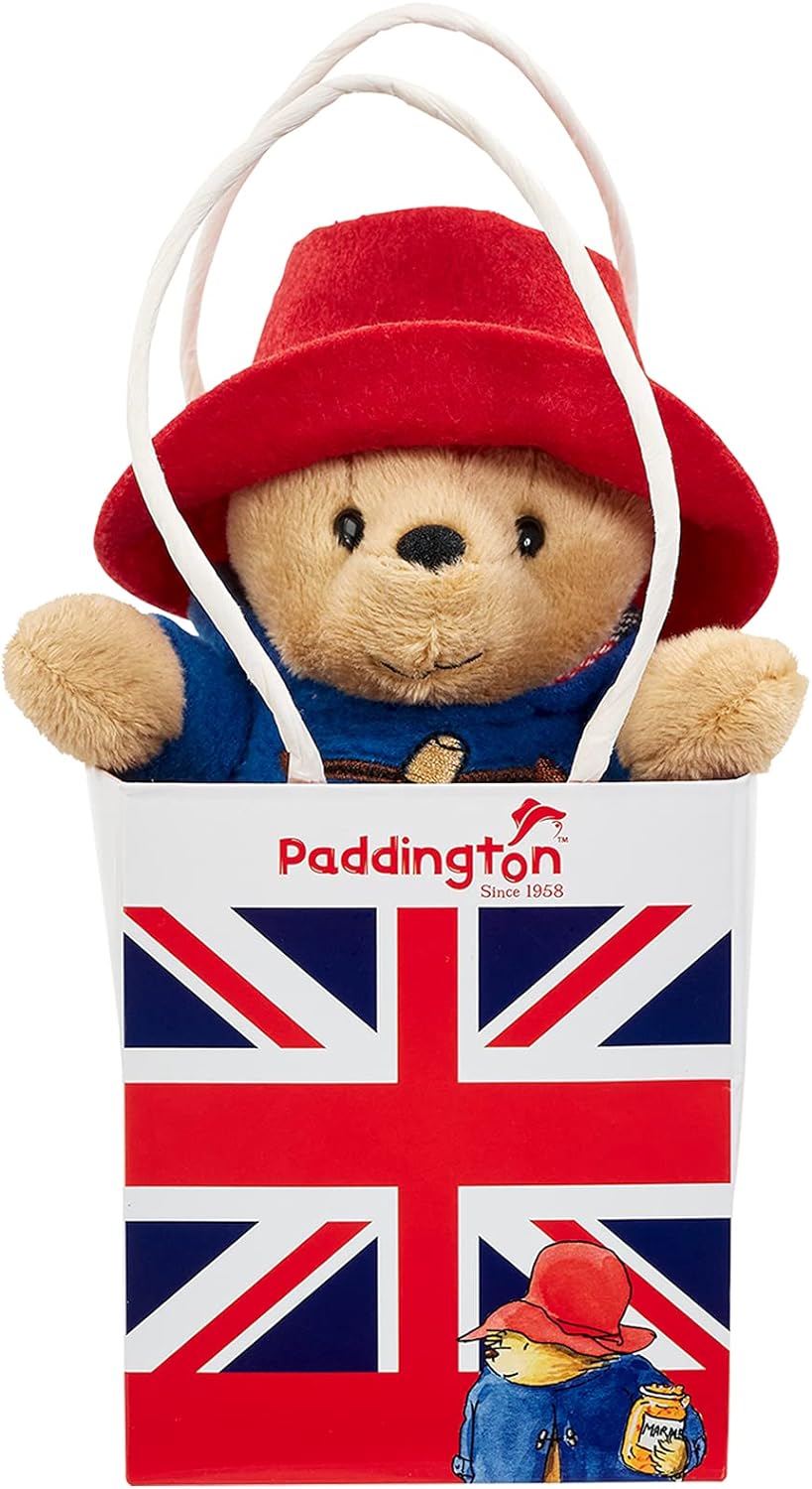 Rainbow Designs Paddington Bear soft toy in Union Jack bag, featuring a plush Paddington with detailed character and colorful packaging.