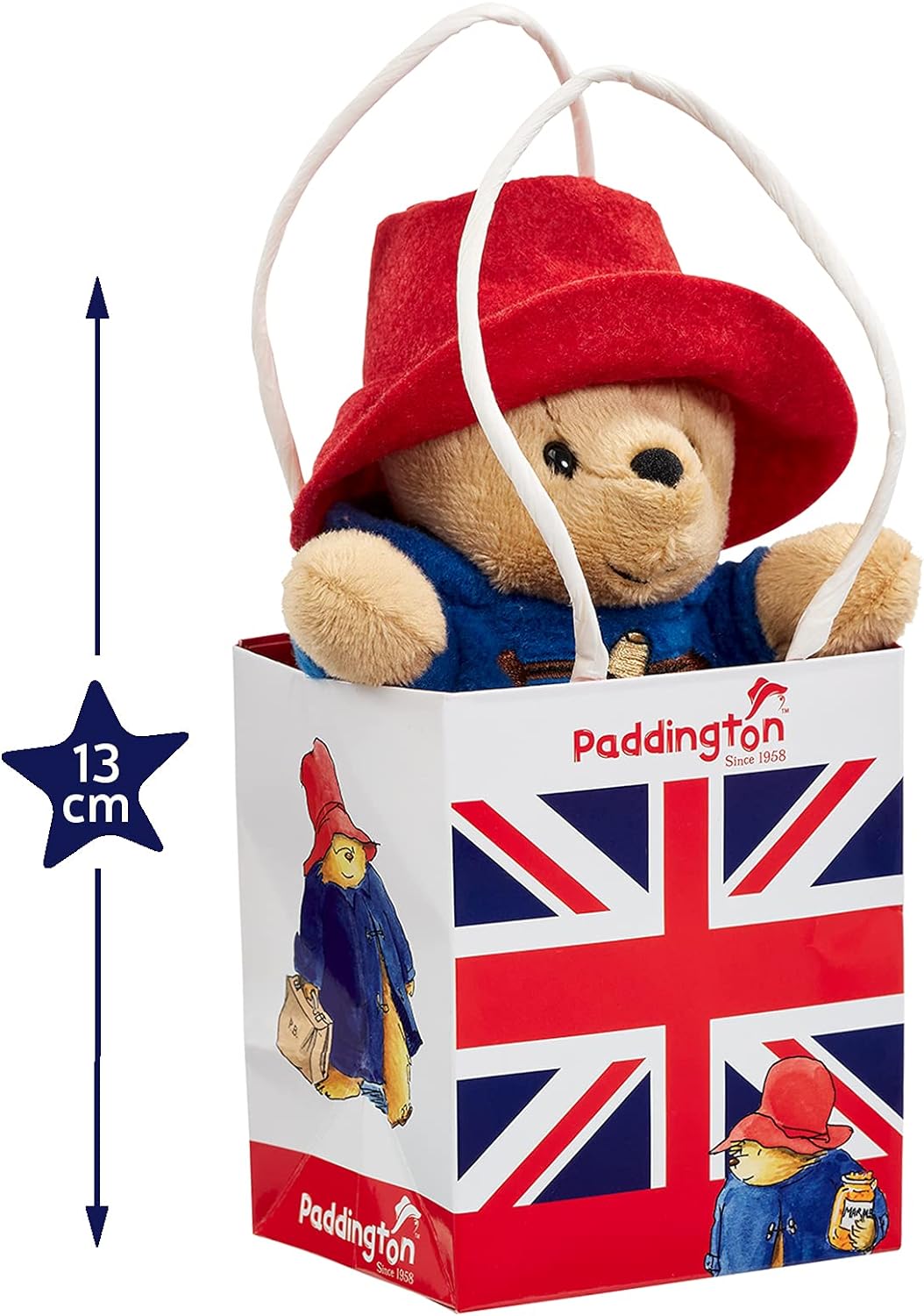 Rainbow Designs Paddington Bear soft toy in Union Jack bag, cuddly plush toy featuring classic Paddington design.