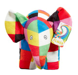 Rainbow Designs Elmer soft toy, colorful plush elephant from Rainbow Designs, shown lying down with vibrant patchwork design.
