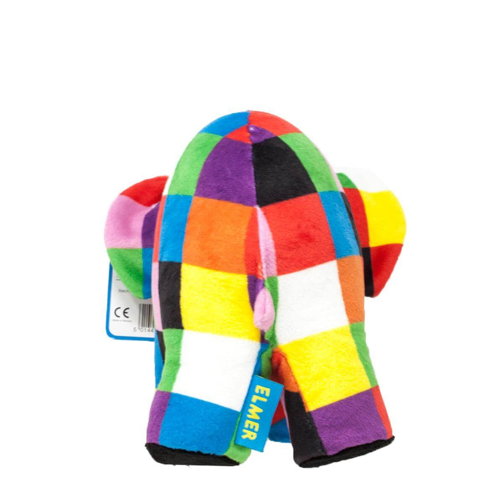 Colorful Rainbow Designs Elmer soft toy featuring a patchwork elephant with a friendly expression, perfect for cuddling and play.