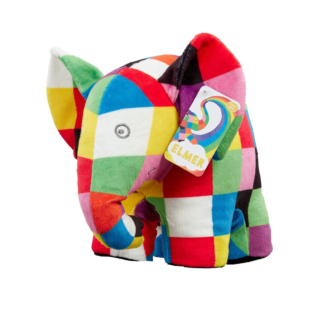 Colorful Rainbow Designs Elmer soft toy with patchwork quilt pattern, plush fabric, and friendly elephant design for children.